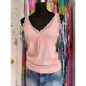 Vintage Y2K Pink Ribbed Lace Trim Tank top